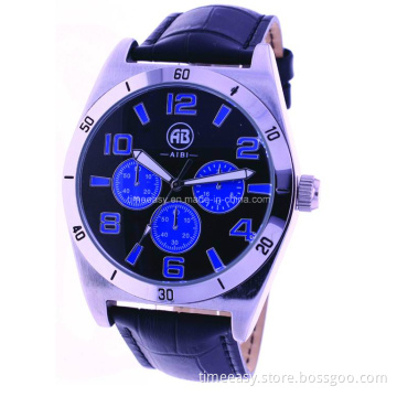 Men's Sport Watch Blue Sub Dial Leather Strap Promotion Gift Watch